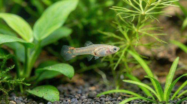 Small guppy fish swims gracefully in a lush, green planted aquarium with dark gravel substrate.