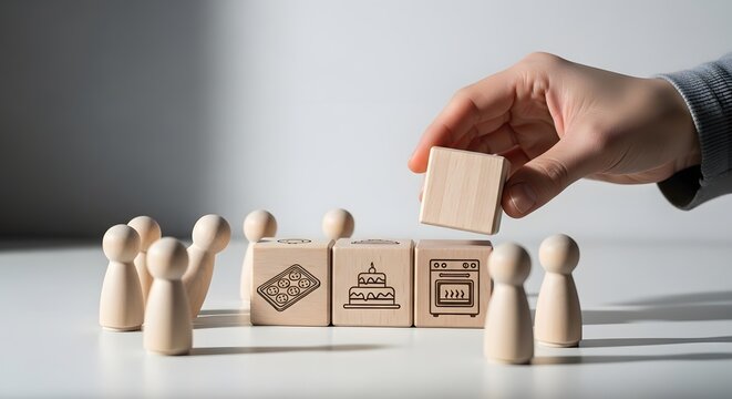 Hand arranging wooden blocks with baking icons and wooden figures, concept of starting a home bakery business