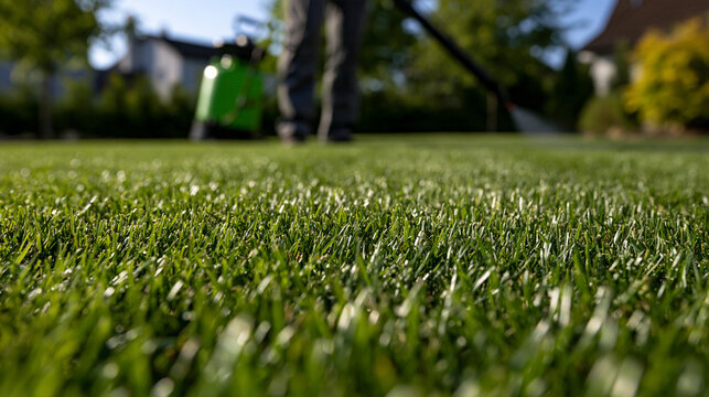 Elegant photo of A close-up view of a lush green lawn being sprayed with professional equipment in sunlight. Ideal for home landscaping and lawn care business marketing.