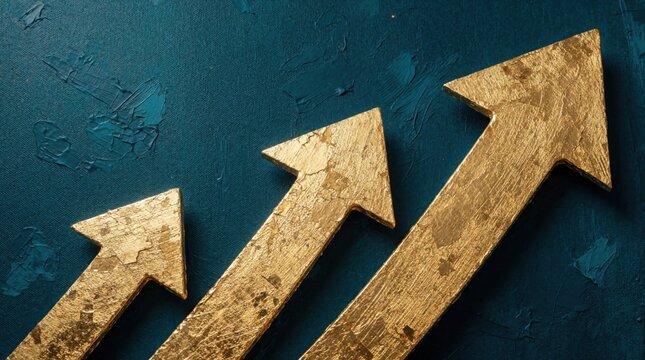 Three golden arrows point upward across textured teal background. Symbolizing financial growth progress and success. Represents advancement gain and positive trends.