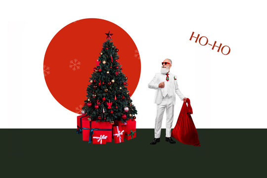 Trend artwork sketch image collage of&nbsp;merry christmas new year holiday celebration aged man santa claus hoho eve tree present box bag