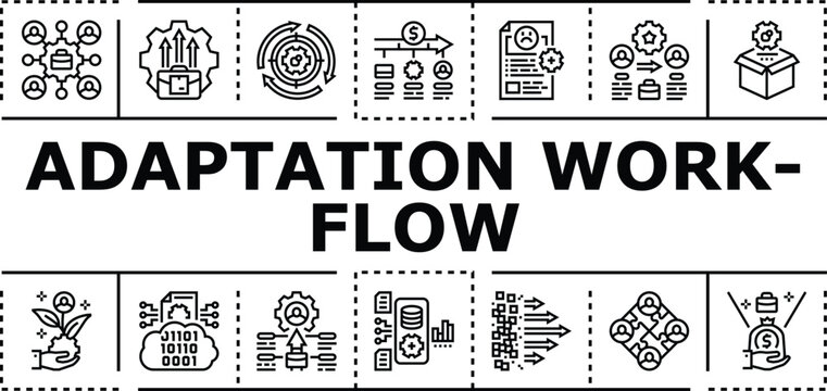 Adaptation workflow banner infographic. Response coordination, modify adjust, management implementation icon vector illustration