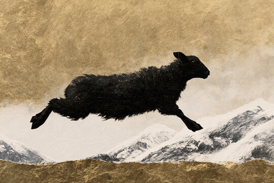 Jumping Black Sheep with Japanese Gold Leaf and Ink Wash Mountains