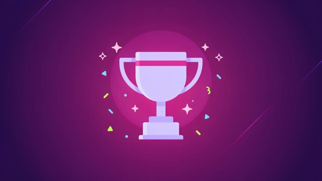 A flat vector illustration of a trophy cup centered against a purple gradient background with sparkles with background surrounded floating geometric shapes decorative