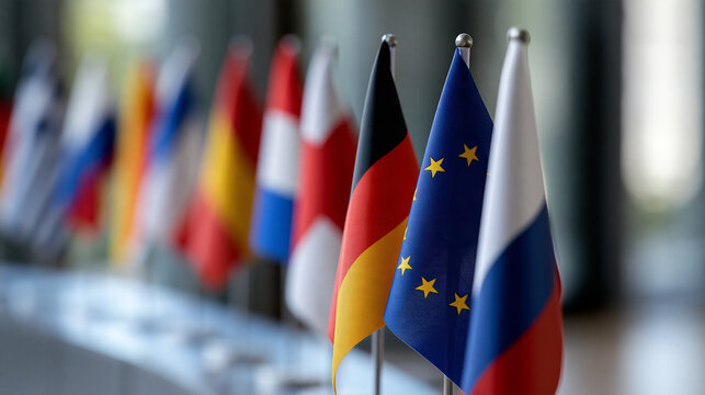 Elegant photo of Row of national and international flags arranged in a conference room setting. Perfect for themes of global politics, diplomacy, and international business.