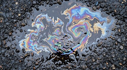 Fototapeta premium Toxic oil spill puddle on rough dark asphalt representing dangerous environmental pollution and ecological damage from industrial fossil fuel waste