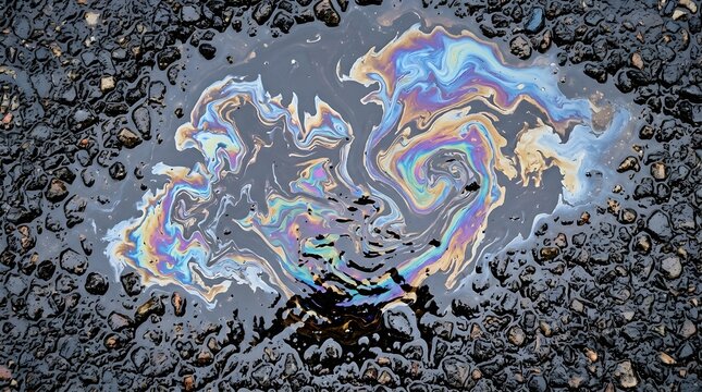 Toxic oil spill puddle on rough dark asphalt representing dangerous environmental pollution and ecological damage from industrial fossil fuel waste