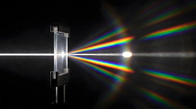 Optical diffraction experiment with white light beam, rainbow spectrum dispersion through glass lens, physics laboratory light refraction