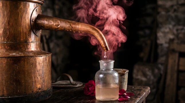 Vintage copper alembic still distilling rose water, traditional essential oil extraction process, antique apothecary equipment with steam and floral petals