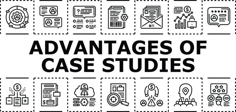 Advantages of case studies banner infographic. Relevance understanding, clarity knowledge, detail nuance icon vector illustration