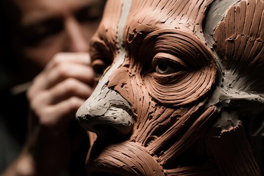 Artist shapes clay model of human face muscles. Sculptor works on anatomical structure of head. Ecorche figure is detailed with realism, showing form.