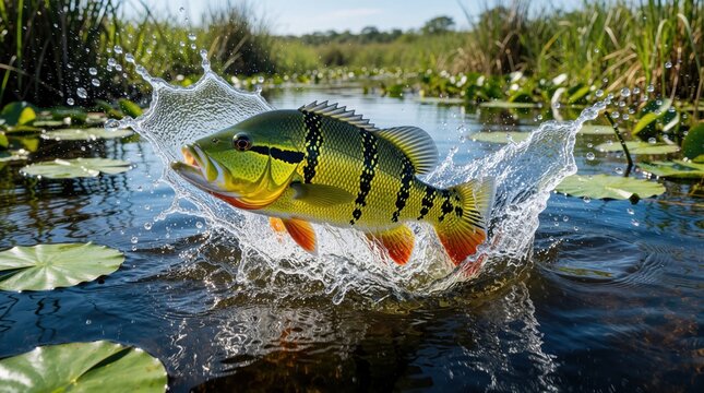 Brightly colored fish leaps from water creating splash. Aquatic animal jumps from lake surface in lily pads and reeds. Wild creature caught mid air.