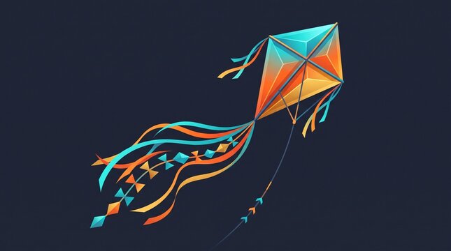 Colorful Digital Kite Flying Against Dark Background.