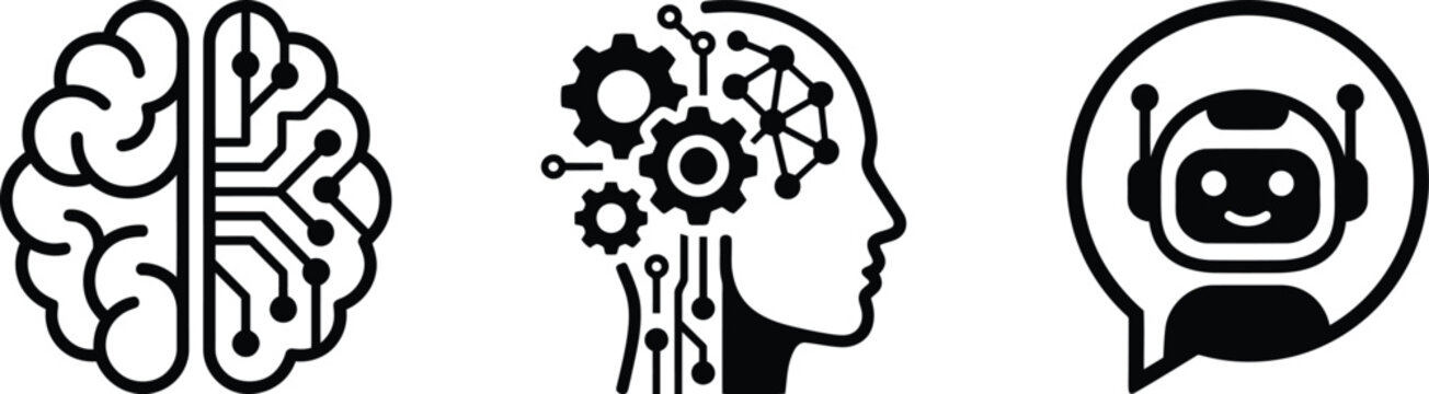 Set of artificial intelligence icons featuring brain and robot head designs as a vector silhouette isolated on transparent background