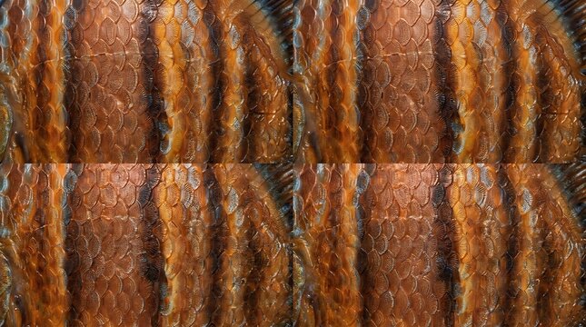 Seamless pattern of Discus fish scales and skin texture warm copper bronze base with rich orange,