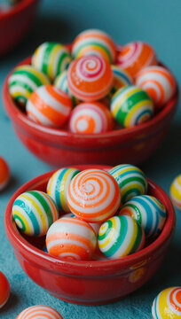 Bright red bowls filled with colorful, swirled candies.