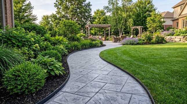 Beautifully landscaped backyard with a sweeping curved walkway of grey stamped concrete bordered by dark edging and green shrubs.