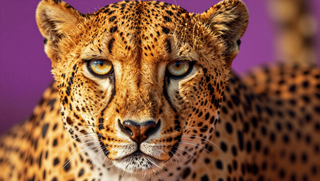 Close-up of a fierce, spotted leopard with intense eyes.