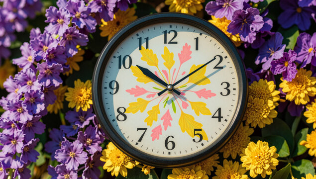 Clock surrounded by vibrant purple and yellow flowers.