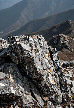 Geology and earth science, conglomerate rock formation with sedimentary layers and mineral deposits on a mountain ridge in a rugged wilderness landscape