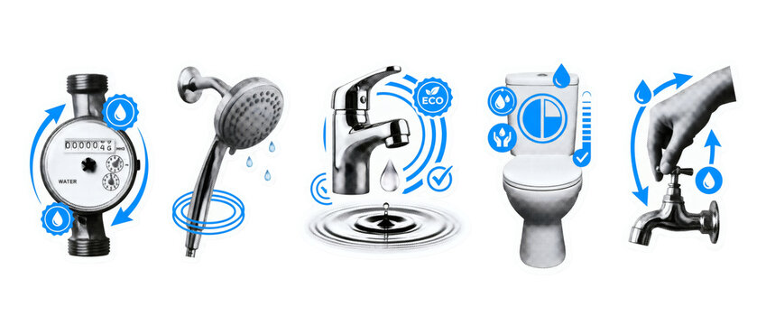 Water conservation domestic plumbing fixtures icons on transparent background, water flow meter with showerhead basin faucet toilet and shutoff valve. Household management delivers stewardship.
