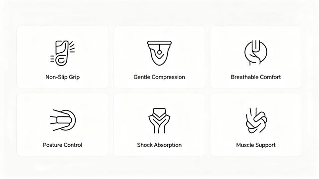 Linear icons for human body support, representing anti slip, compression, shock absorption and muscle protection, suitable for the Amazon selling point module of sports protective equipment.
