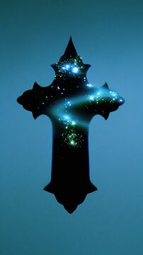 Celestial cross silhouette with stars on blue background, mobile wallpaper.