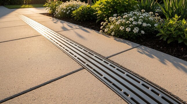Modern patio features linear drainage system with metal grate between concrete pavers. Landscaping with plants borders paved area. Outdoor space design for rainwater management and garden.