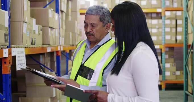 Logistics, manager and team with clipboard in warehouse, inventory management or stock distribution. Shelf, quality assurance and people with checklist, supply chain and discussion with supervisor