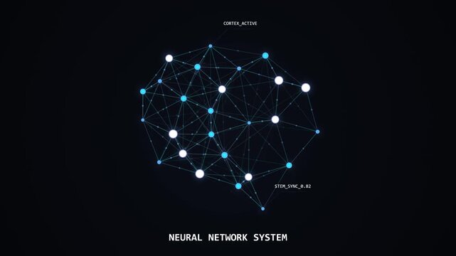Glowing blue and white digital nodes connected by lines form a rotating neural network structure representing artificial intelligence on a black background.