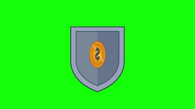 Animated gold dollar coin appearing and being protected by a grey shield icon represents financial security and asset protection on a green screen background.