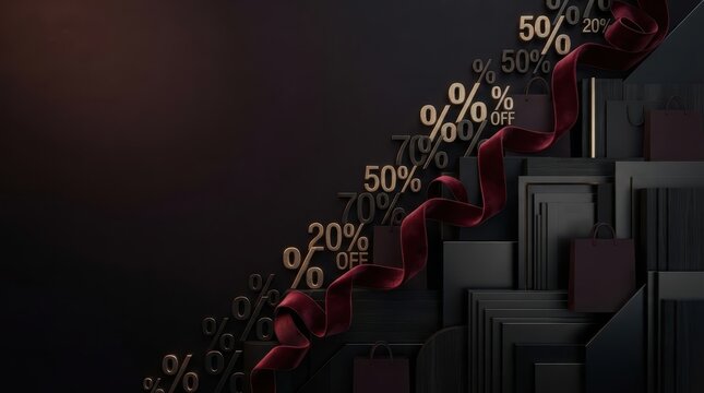 Discount Staircase: A visual representation of increasing discounts, with percentage symbols ascending a stylized staircase adorned with a luxurious red ribbon.