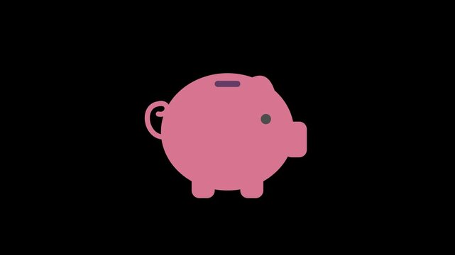 Animated pink piggy bank illustration on a solid black background shows a single yellow coin dropping down from above directly into the slot.