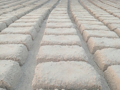 Clay bricks drying in rows photo. Rectangular mud blocks arranged in long parallel lines under natural sunlight. Traditional construction material manufacturing and industrial background.