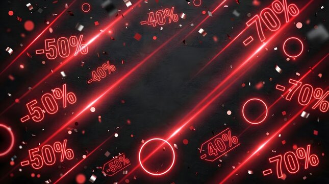 Black friday sale background with glowing red neon discount percentages and falling confetti on dark textured surface