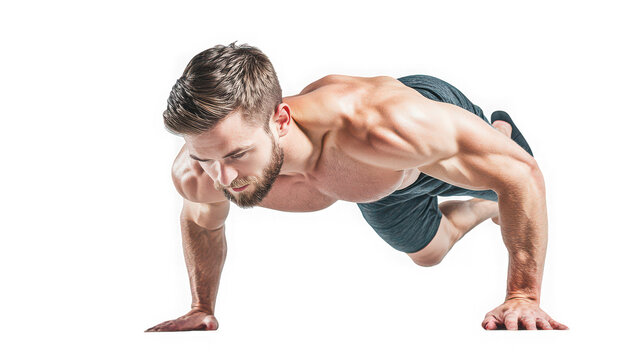 Muscular man performing push ups against a white background for fitness