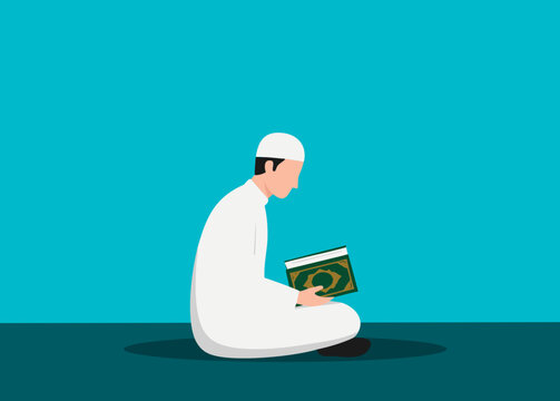Person in white prayer attire reading Quran during personal worship session with clean vector style