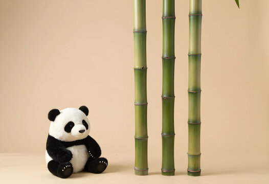 Sustainability and nature conservation, plush panda toy sitting next to green bamboo stalks on a neutral background for environmental awareness campaigns