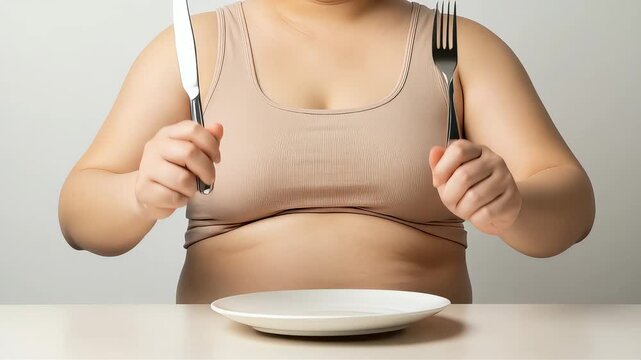 空の皿を前に食事を我慢する女性