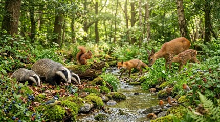 Fototapeta premium Enchanted Woodland Scene: A vibrant forest comes alive with diverse wildlife, featuring badgers, a fox, a squirrel, a deer with a fawn, and birds gathered around a serene stream.