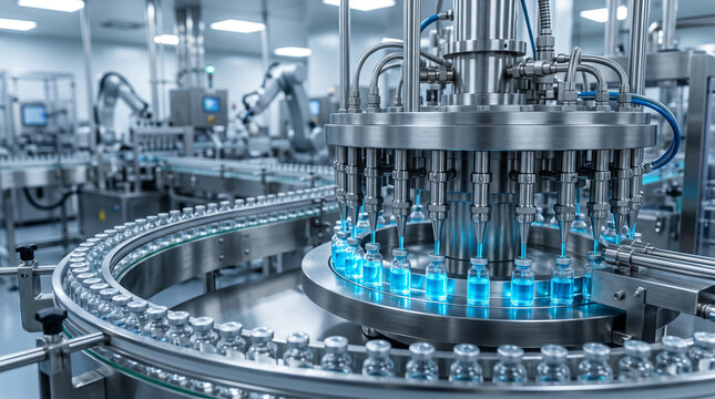 Automated pharmaceutical filling machine processing vials on a conveyor belt in a clean room facility