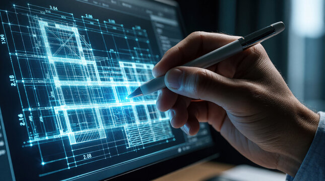 Pro architect uses digital stylus to edit blue holographic building blueprint on high tech computer monitor. Engineer works on 3D architectural design, structural planning using advanced smart