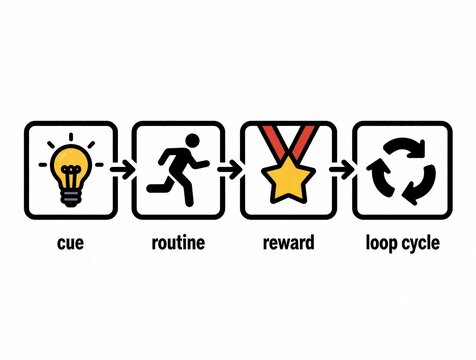 Habit loop diagram shows cue, routine, reward, and cycle. Lightbulb triggers action, leading to reward and repeating process. This visualizes behavior change.