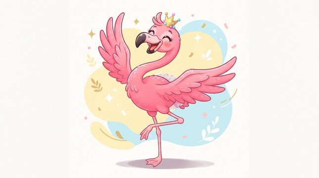 Cute cartoon flamingo princess dancing on one leg with a crown on a decorative pastel background