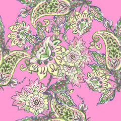 Watercolor illustration paisley seamless pattern with floral motifs © HoyaBouquet