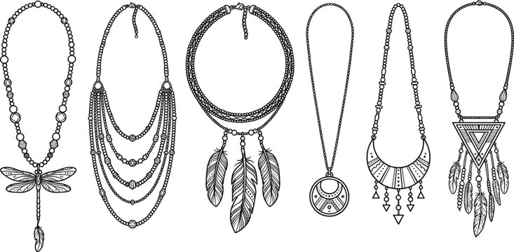 Boho chic statement necklaces collection featuring dragonfly feathers crescent moon and tribal geometric pendant elements
