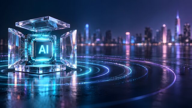Futuristic artificial intelligence microchip inside glowing transparent cube floating above smart city skyline at night