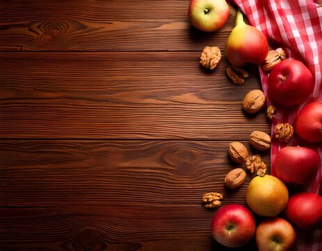 Red apples and pears border with red checkered cloth on dark wood