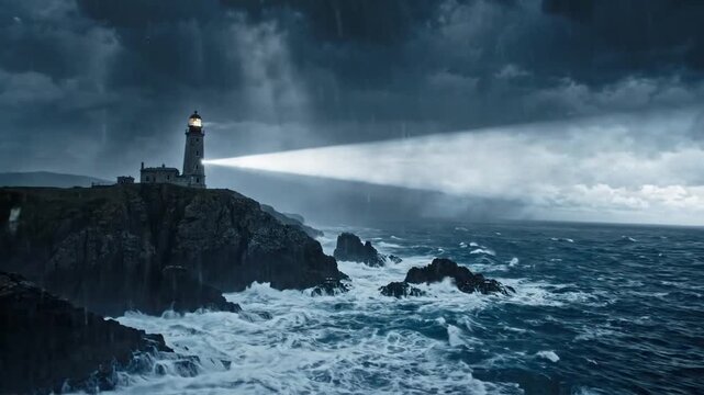 Dramatic lighthouse beam cutting through stormy weather and rain over rocky coastline
