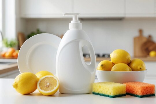 Large white bottle of liquid dish detergent with pump dispenser on kitchen counter. Fresh lemons in bowl, on table near cleaning sponges. Dirty plates in background wait for wash with soap, citrus